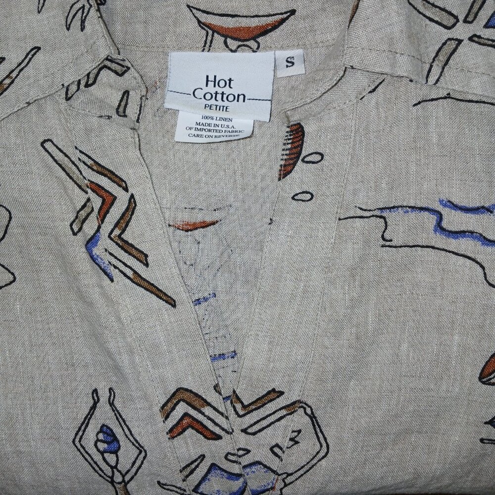 HOT COTTON BY MARC WARE LINEN TOP, SIZE PETITE LARGE, BEIGE, CARIBBEAN ARTSY - Picture 8 of 8